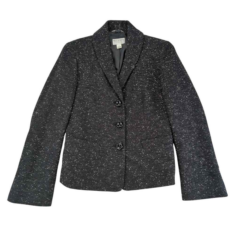 Vtg Talbots Collection Womens Black Speckled Tweed Blazer Jacket‎ 4 Italian
